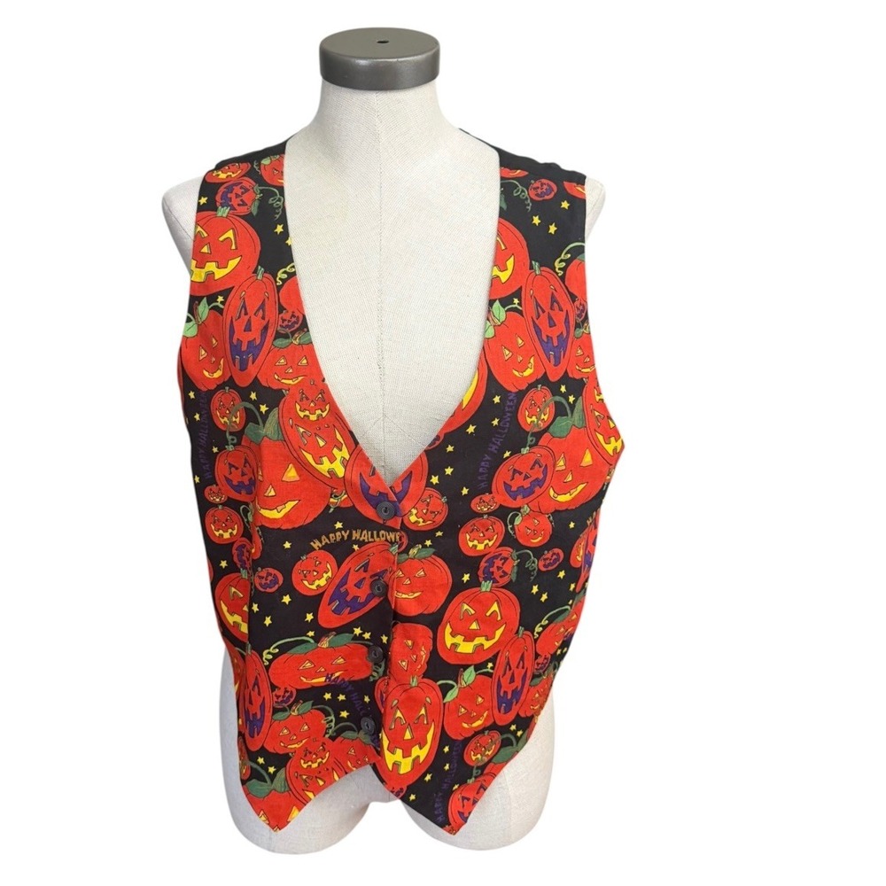 Vintage Basic Editions Halloween Pumpkin Jack-O-Lantern Vest Black Large L